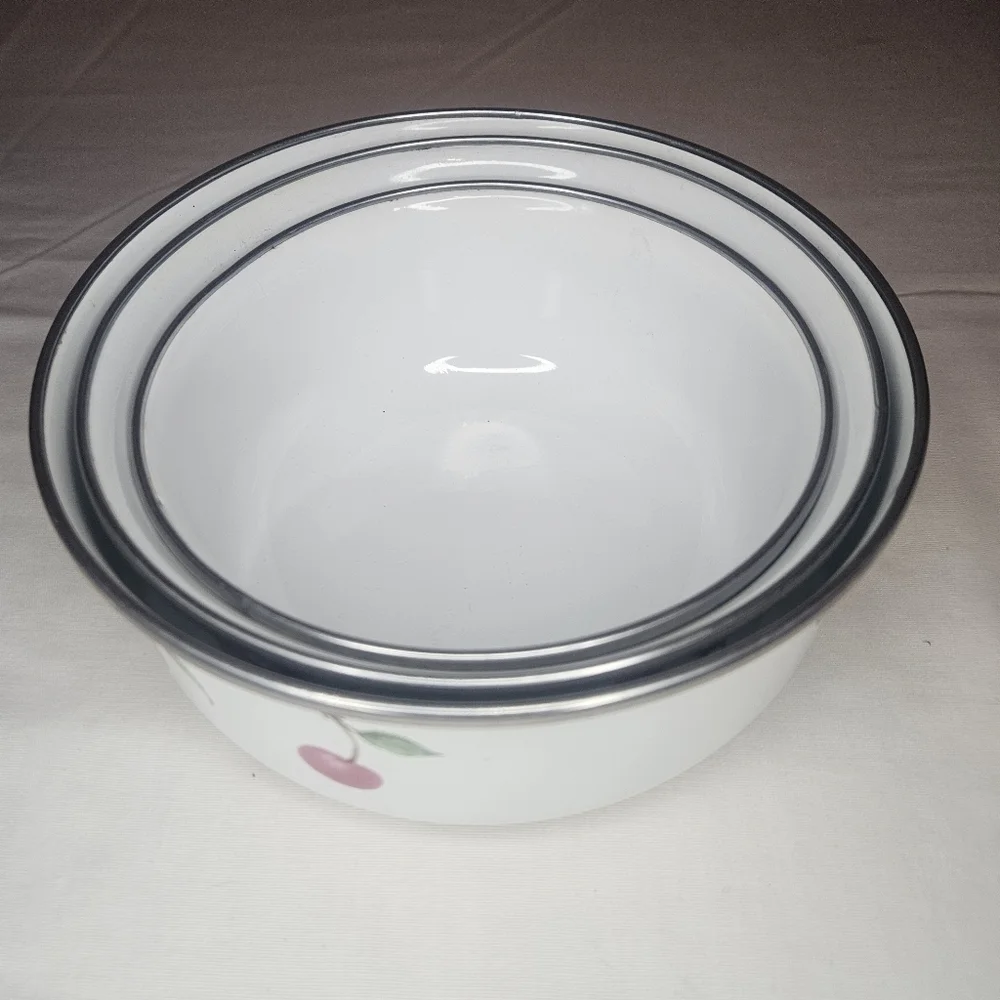 Vintage Enamel Fruit Bowls - Set Of 3 - Cherry, Raspberry, Apple, Grape, Peach